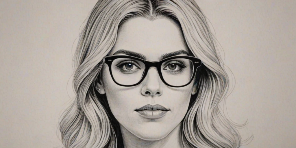 Resplendent Busy Philipps, pencil sketch, portrait of Graceful woman 1972s in glasses, hair style beatnik, outline, clear lines, fine lines, 8k