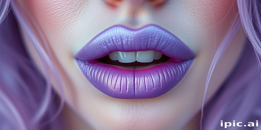 Enchanting lavender lips with a frosted finish, creating an otherworldly and ethereal look, captured in a dreamlike and surreal beauty photograph