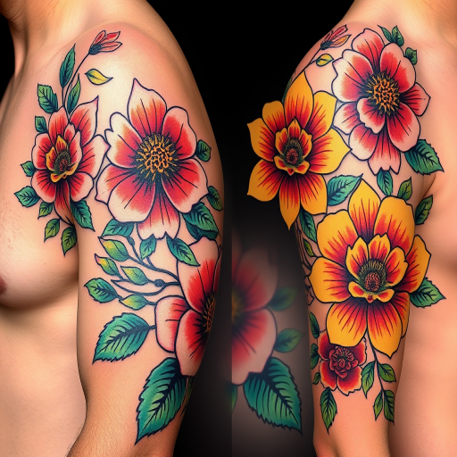 Colorful neo-traditional "Floral Fusion" tattoo combining bold outlines with vibrant hues, incorporating lush flowers and decorative elements for a timeless yet contemporary style
