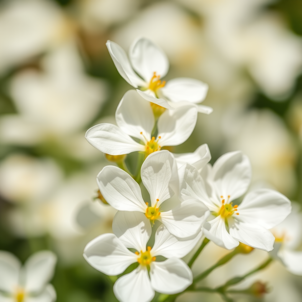 Capture a close-up shot of white flowers with soft bokeh background, using a DSLR camera set to f/2.8 aperture, ISO 100, and 1/200s shutter speed, in natural lighting to enhance the brightness and detail of the petals.