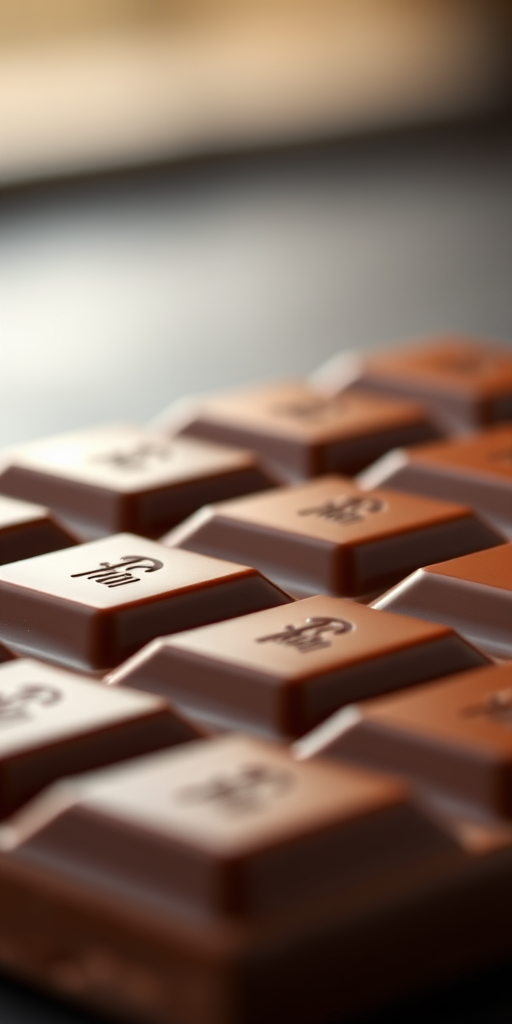 Generate a high-resolution image of a chocolate bar with a glossy surface under soft lighting, using a DSLR camera with a 50mm lens, aperture set to f/2.8, ISO 100, and a shallow depth of field for a blurred background.