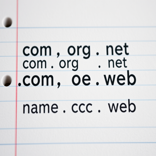 Create an image featuring various domain extensions like .com, .org, .net, .biz, .me, .name, .cc, and .web on a textured lined notebook background, use a DSLR camera with a 50mm lens at f/1.8, ISO 100, and a shallow depth of field for enhanced clarity and focus on the text.