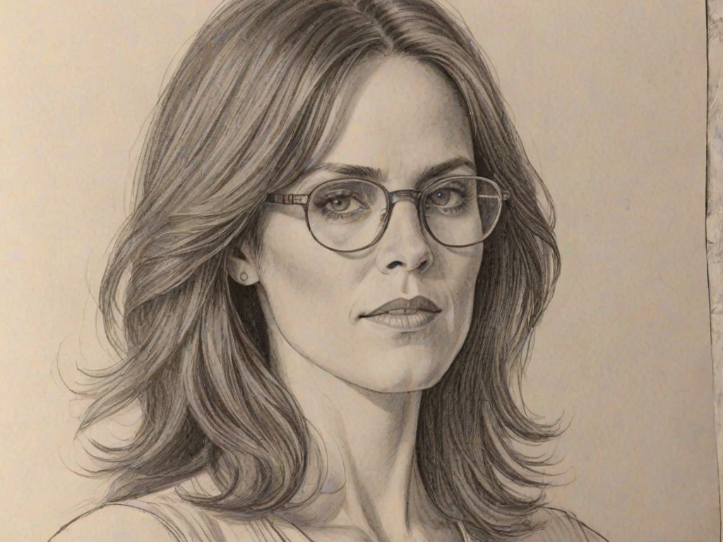 Elegant Annabeth Gish, pencil sketch, portrait of Enticing woman 1970s in glasses, hair style beatnik, outline, clear lines, fine lines, 8k