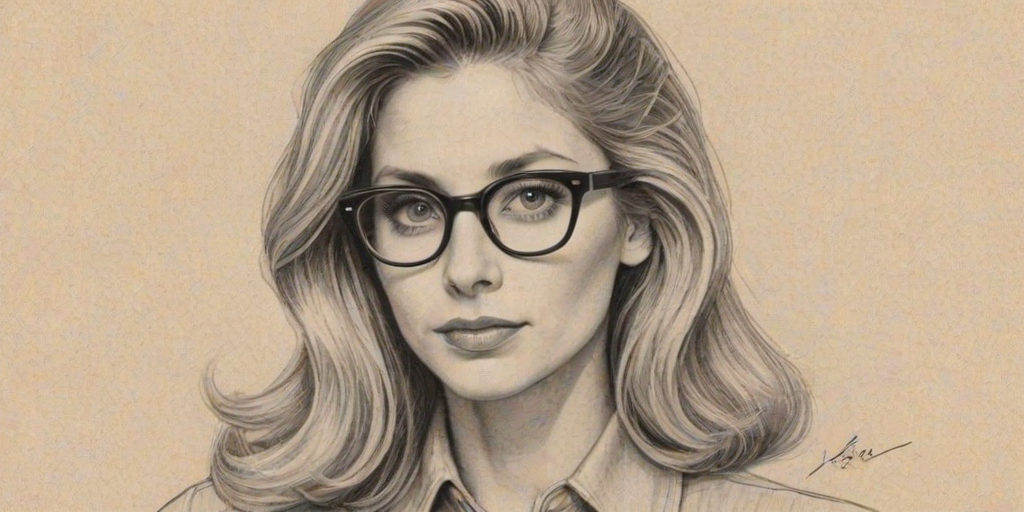 Fascinating Helen Slater, pencil sketch, portrait of Stunning woman 1942s in glasses, hair style beatnik, outline, clear lines, fine lines, 8k