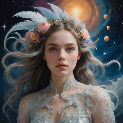Create a series of imaginative portraits where each subject is infused with elements of fantasy and nature. The hair of the individuals should flow like clouds, varying from soft, fluffy cumulus to wispy cirrus strands, with hints of color reflecting a sunset or a clear blue sky. The eyes should be windows to entire galaxies, with stars, nebulae, and distant planets visible within them. Clothing should be adorned with nature motifs, such as floral patterns that bloom and change, vines that seem to grow and wrap around, or feathers that shimmer with iridescence. Each portrait should capture a unique personality, blending human features with the ethereal beauty of the natural and cosmic world. The backgrounds can vary, from starry night skies to enchanted forests, adding depth and context to the magical realism of the portraits