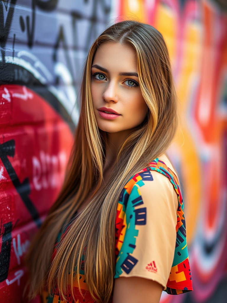 portrait of a woman with long hair wearing a colorful dress against a vibrant graffiti wall, shallow depth of field, soft focus, natural light, 85mm f/1.4 lens, ISO 100, shutter speed 1/200s, DSLR camera