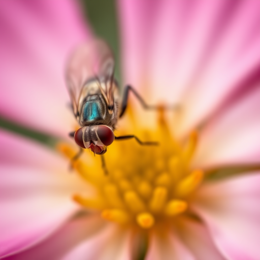 Close-up macro shot of a fly on a pink flower, shallow depth of field, aperture f/2.8, ISO 200, shutter speed 1/500 sec, natural light, DSLR camera, 100mm macro lens, vibrant colors.