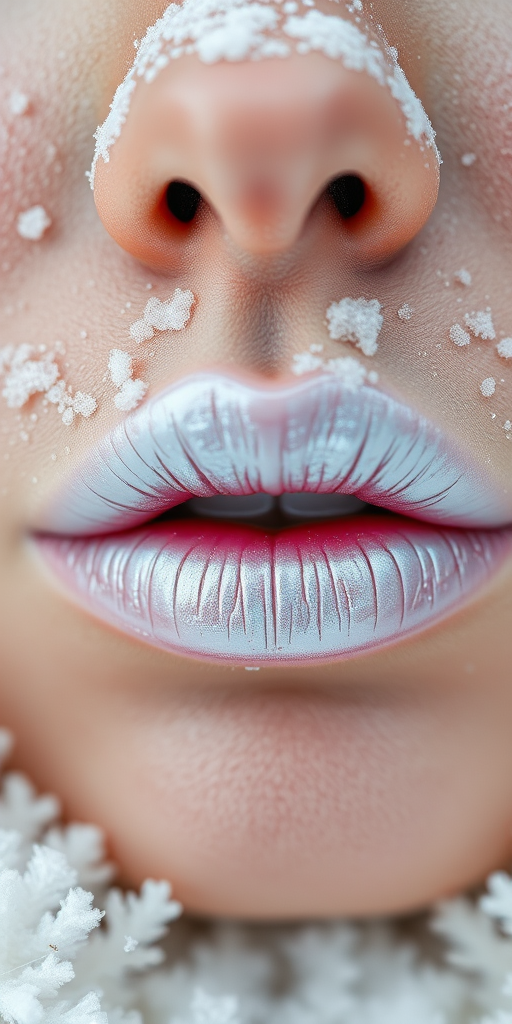 Frosted white lips with a pearlescent finish, reminiscent of freshly fallen snow, creating a winter wonderland-inspired look for a holiday-themed photoshoot