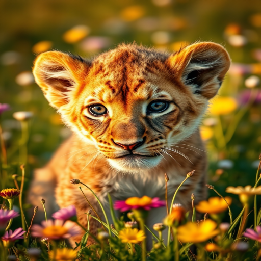 Create a highly detailed close-up of a lion cub with expressive eyes and soft fur in a vibrant, sunny meadow filled with flowers, using a DSLR camera with a 50mm lens, f/1.8 aperture, ISO 100, and a warm sunset glow.