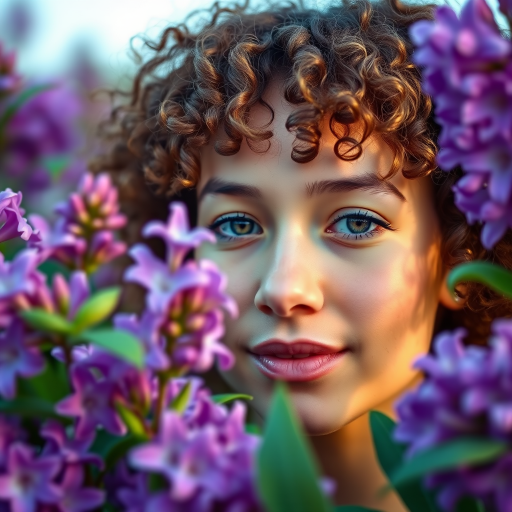Create a close-up portrait of a young woman with natural, curly hair, surrounded by vibrant purple lilacs, soft-focus background, shallow depth of field, ISO 100, aperture f/1.8, 85mm lens, natural light, DSLR camera.