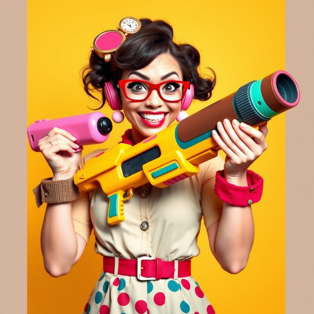 A playful woman holds a bazooka with a mischievous grin, her pose exaggerated and cartoonish. She’s dressed in a colorful, quirky outfit with oversized accessories, giving her a whimsical and fun appearance. The bazooka, although large, is designed in a cute, almost toy-like style, adding to the humorous and lighthearted vibe of the scene. The background is bright and cheerful, enhancing the overall playful atmosphere.
We share ALL our prompts in the Bing Image Prompts group: