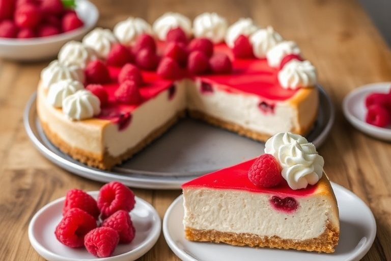 Delicious raspberry cheesecake with a creamy texture topped with whipped cream and fresh raspberries on a wooden table alongside a slice of the cake and a plate of raspberries.