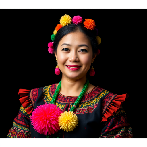 portrait of a woman in a vibrant traditional outfit with pom poms, black background, shallow depth of field, f/2.8, ISO 100, 85mm lens, soft lighting, DSLR camera