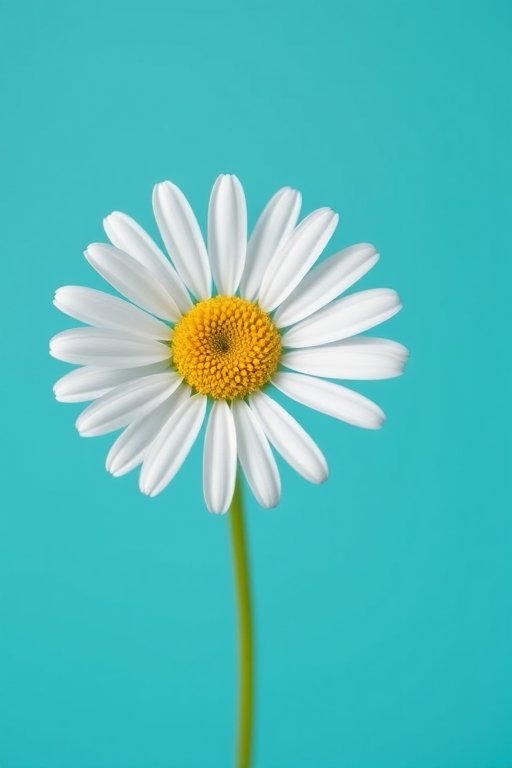A single white daisy with a yellow center against a solid turquoise background, captured with a DSLR camera, 50mm lens, aperture f/1.8, ISO 200, in natural light, shallow depth of field for a soft background blur.