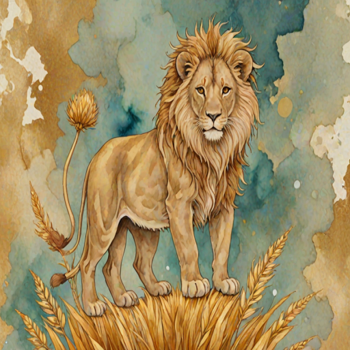 Soft, muted Alcohol Ink with ebru effect background image of tiny whimsical lion, who climbed high on the top of a golden rye ear.