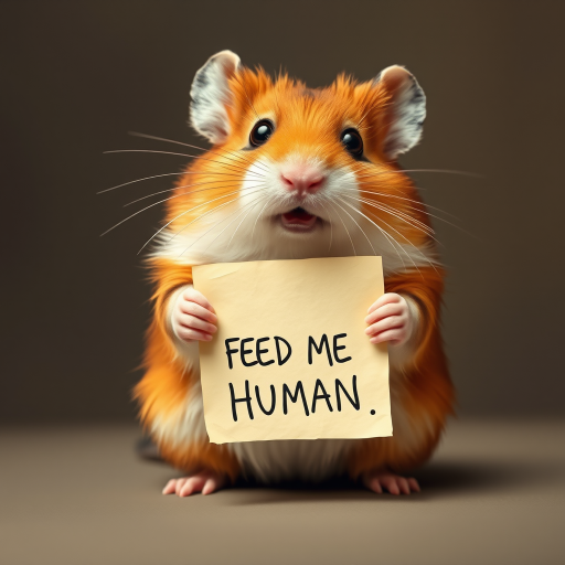 hamster holding a note which says "FEED ME HUMAN"