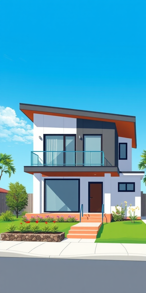 Create a high-resolution digital illustration of a modern house with a blue sky background, focusing on the house's architecture and details, using a DSLR camera at f/8 aperture, ISO 100, 50mm lens, capturing a slightly elevated view with vibrant colors.