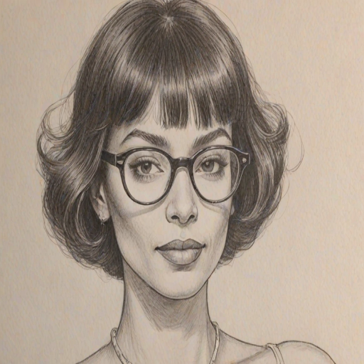 Pleasing Tamara Taylor, pencil sketch, portrait of Dazzling woman 1978s in glasses, hair style beatnik, outline, clear lines, fine lines, 8k