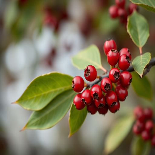 Create a high-resolution image of a cluster of red berries on a branch with green leaves, captured with a Canon EOS 5D Mark IV, 50mm lens, f/2.8 aperture, ISO 100, natural lighting, close-up view.