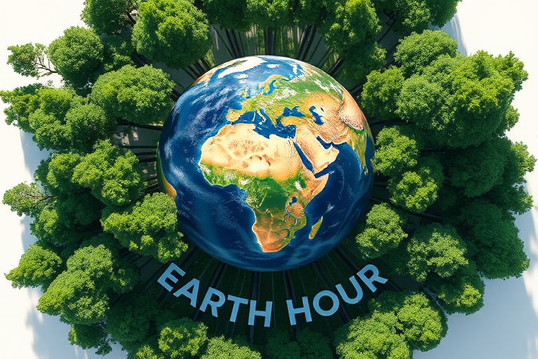 Create a detailed illustration of the Earth surrounded by lush green trees on top, with the words "EARTH HOUR" at the bottom, using a Canon EOS 5D Mark IV, 50mm lens, f/8 aperture, ISO 200, natural light, top-down view, high contrast, and vibrant colors.