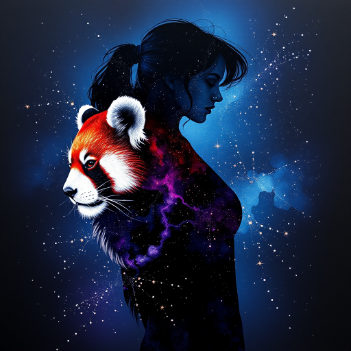 Captivating conceptual render alcohol ink art, double exposure, the paint strokes artfully merge combining a woman's full silhouette with a Radiant red panda's silhouette. The figures are composed of a series of colored dots, lines & spots that evoke the image of a cosmic galaxy, colors are deep shades of blue purple & black with flashes of white & silver representing distant stars. The woman's silhouette is formed within the lion's silhouette from constellations of scattered stars, surreal