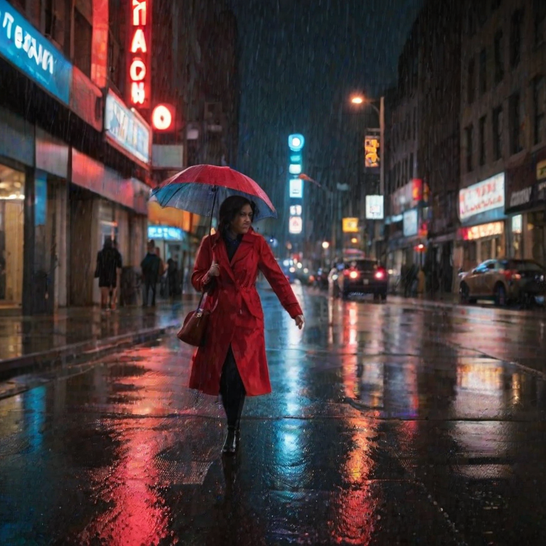 Rainy street corner at night, neon lights reflecting off the wet pavement, a woman in a red coat hurries across the street, her umbrella held tightly as passing cars splash through puddles.