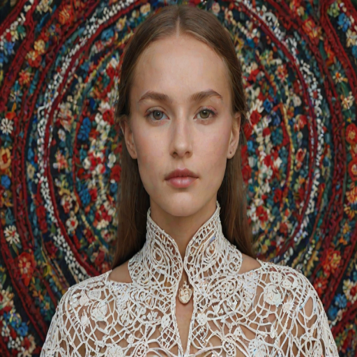Face, shoulders, chest covered in openwork Ukrainian embroidery. Raw, unedited image.