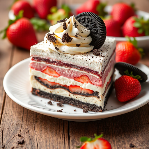 Create an image of a delicious slice of layered strawberry dessert with a creamy white and pink filling topped with crushed cookies and whipped cream on a white plate with fresh strawberries in the background and a rustic wooden table surface.
