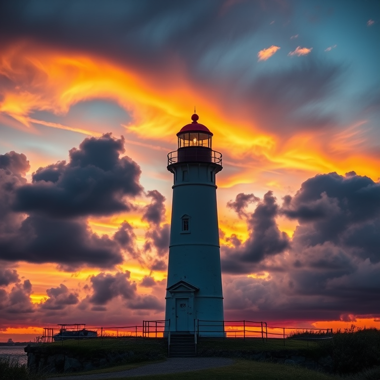Lighthouse at sunset with dramatic clouds, captured with a DSLR camera, 50mm lens, ISO 100, f/11, 1/125s, vibrant colors, high dynamic range, wide-angle view.