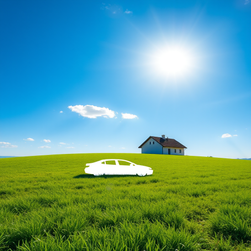 Generate an image of a simple landscape with a white silhouette of a car, a house, and a family on bright green grass under a clear blue sky with a few clouds and a bright sun, using a DSLR camera with a 50mm lens, aperture set to f/8, ISO 100, and a shallow depth of field for enhanced clarity and vibrant colors.