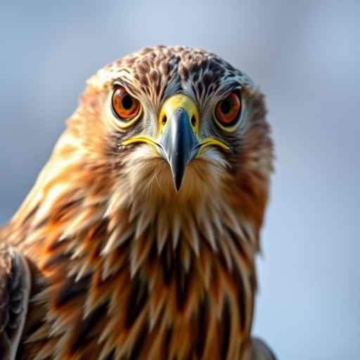 Capture a close-up portrait of a hawk with sharp focus on its eyes, using a DSLR camera, 85mm lens, aperture f/1.8, ISO 100, shutter speed 1/200s, natural light, shallow depth of field, ensure a blurred background to enhance subject prominence.