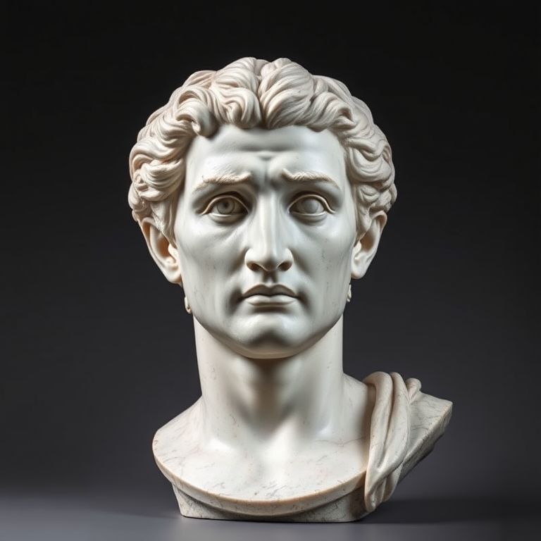 Create a high-resolution image of a marble bust of Julius Caesar, shot with a Canon EOS R5 at f/8, ISO 100, 1/125s, in a studio setting with softbox lighting to enhance details and textures.