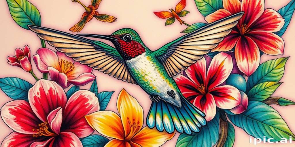 Colorful realism tattoo "Nature's Palette" portraying a vivid hummingbird in flight, surrounded by exotic flowers in a spectrum of lifelike colors and photorealistic detail