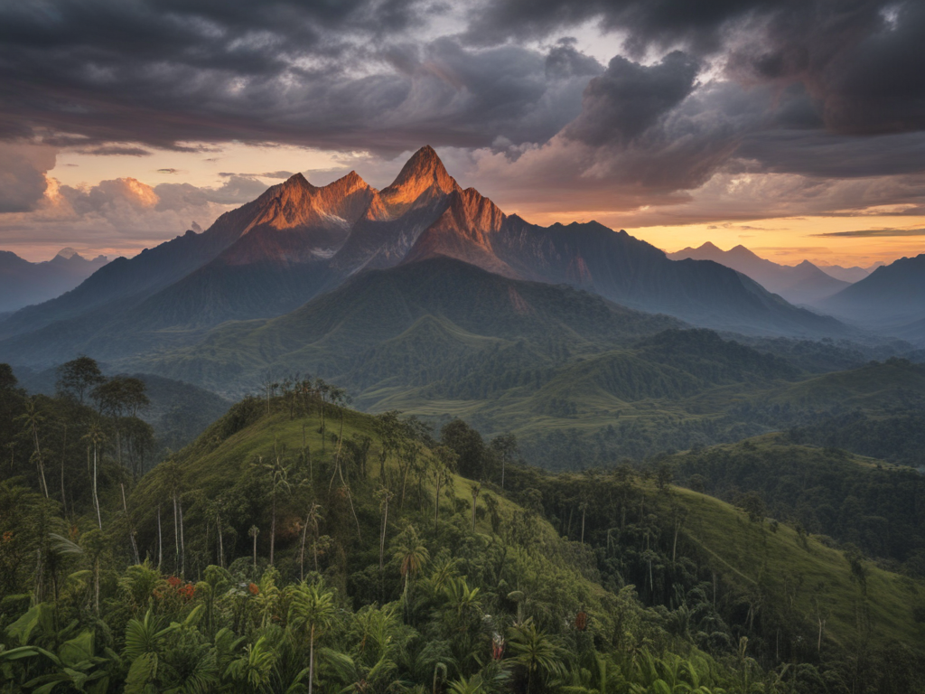 Majestic Mountain Landscape at Sunset with Lush Greenery and Dramatic ...
