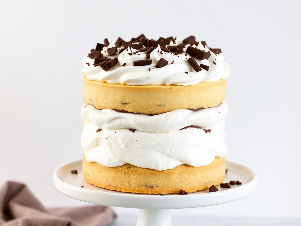 A tall layered dessert featuring meringue and whipped cream topped with chocolate shavings on a white pedestal cake stand against a light background.