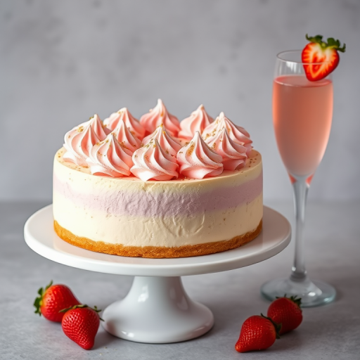A beautiful cheesecake topped with fluffy pink whipped cream peaks sprinkled with gold flakes served on a white cake stand alongside two elegant champagne glasses filled with a light pink drink garnished with strawberries against a soft gray background.