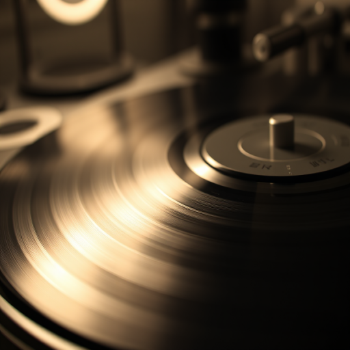 Sharp, detailed close-up of a vintage vinyl record spinning on a turntable, soft light reflecting off the grooves, with a faint scratchy sound almost audible and soft background music playing.