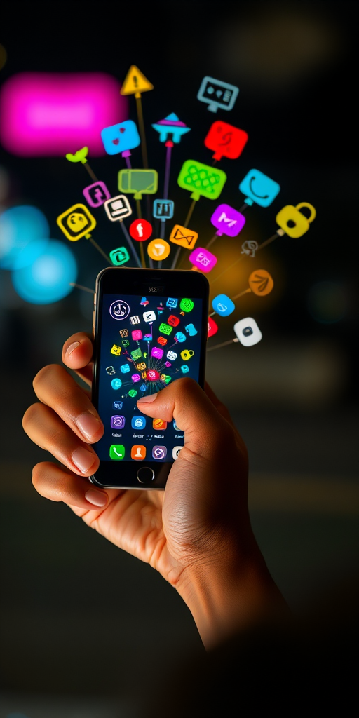 Create a vibrant image of a person holding a smartphone with colorful icons and symbols emanating from the screen, using a Canon EOS R5 camera, aperture f/2.8, ISO 100, shutter speed 1/60, in a low-light setting with a shallow depth of field.