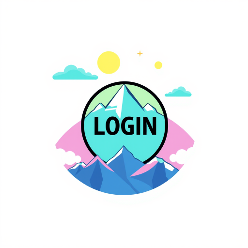 Create a vibrant illustration of a circular badge featuring the word "LOGIN" prominently in the center, surrounded by stylized mountains, clouds, and a moon, using bright colors and clean lines, captured with a DSLR camera at f/2.8, 35mm lens, natural lighting, and a slight vignette effect.