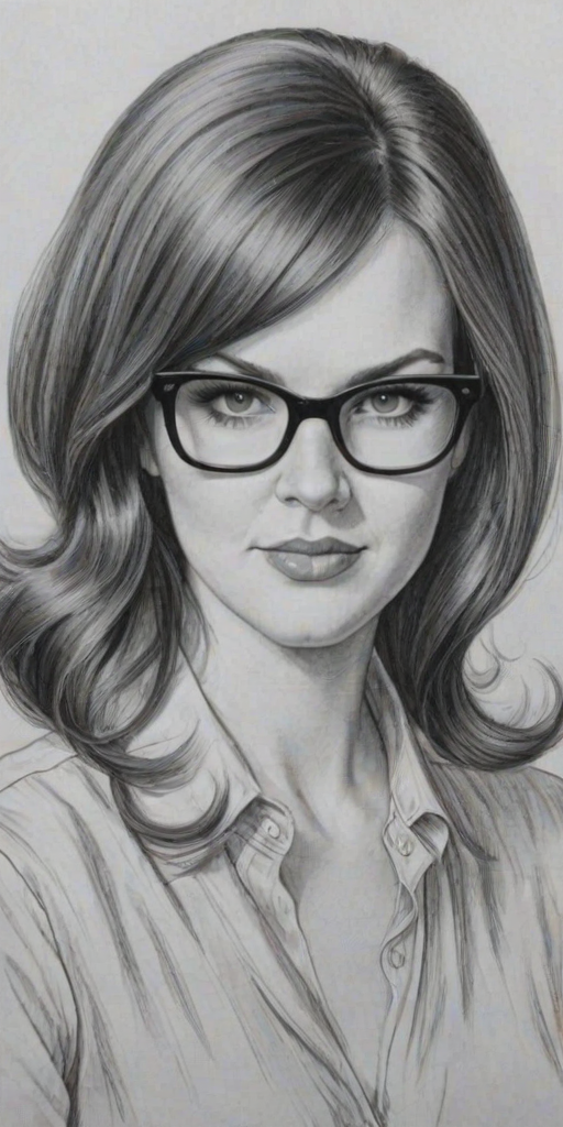 Resplendent Sara Rue, pencil sketch, portrait of Wonderful woman 1960s in glasses, hair style beatnik, outline, clear lines, fine lines, 8k