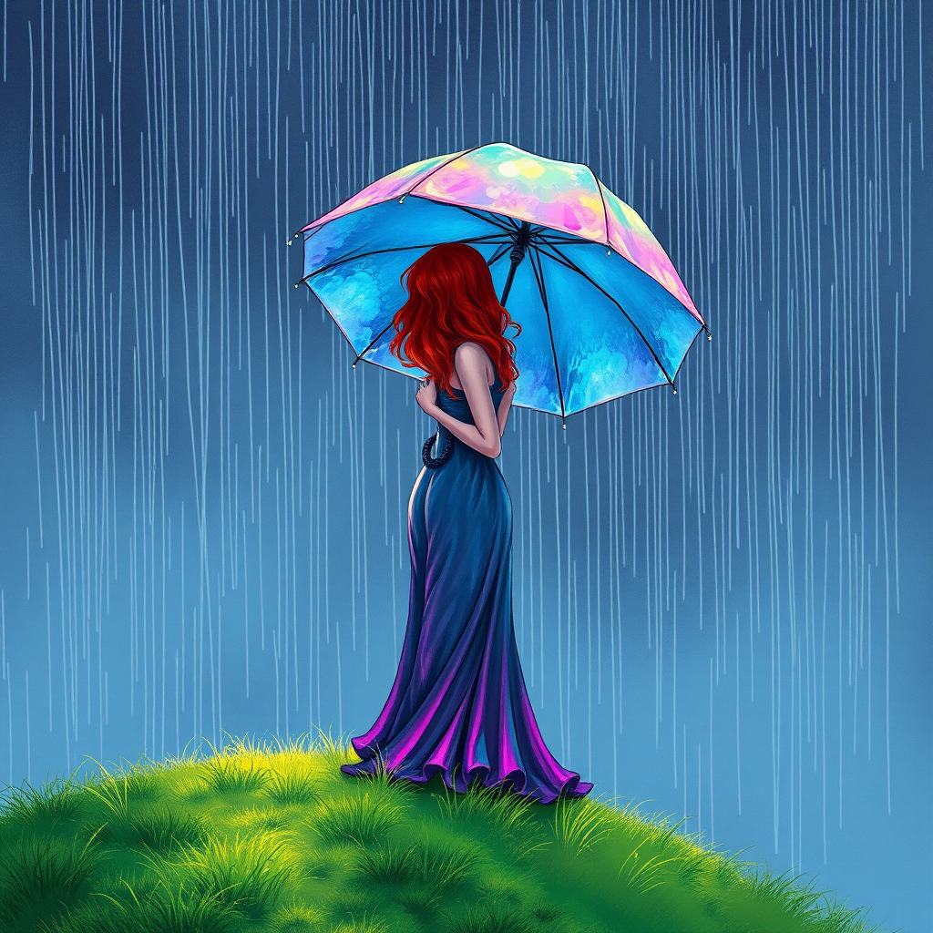 A surreal hand-drawn digital artwork depicting a mysterious red-haired woman standing on a grassy hill under the rain. She holds an umbrella crafted from iridescent zircon, its vibrant sheen contrasting with the soft, rainy atmosphere. The scene feels dreamlike, blending the natural elements of the hill and rain with the otherworldly shimmer of the umbrella.