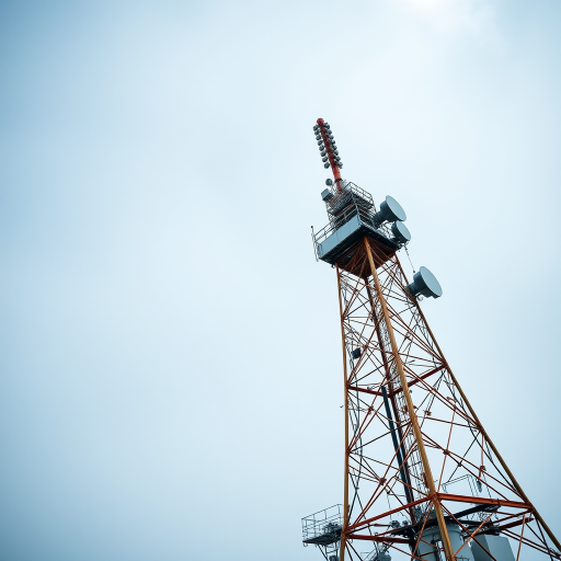 Create a high-quality image of an industrial radio tower with a clean background, shot with a Canon EOS R5 at f/8 aperture, 1/125 sec shutter speed, ISO 100, in a wide-angle view with a sharp focus.
