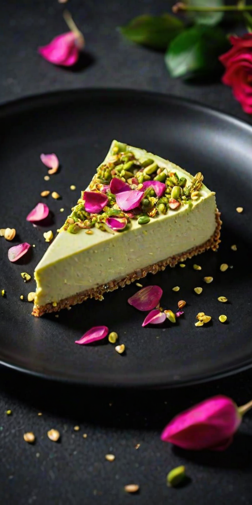 Generate an image of a slice of creamy pistachio cheesecake topped with crushed pistachios and edible rose petals, served on a dark plate against a black background. The cheesecake should have a smooth texture with a golden-brown crust.