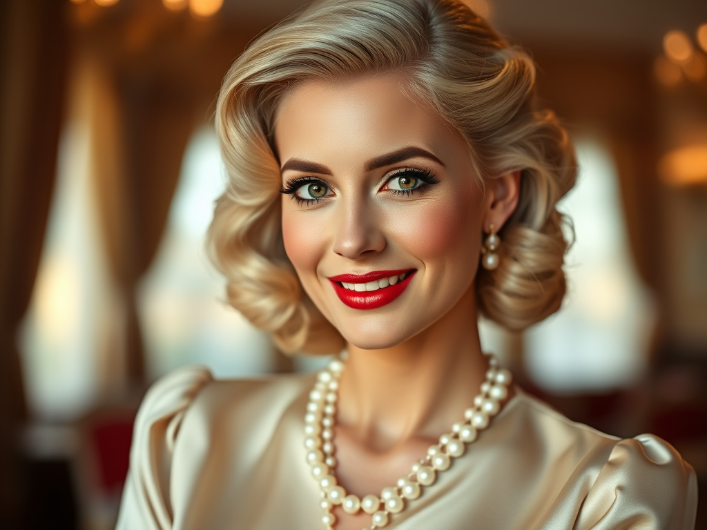 A beautiful Sephardic woman reminiscent of 1950s Hollywood glamour, with perfectly styled blonde hair and a seductive smile, dressed in a satin blouse and adorned with pearls, soft and warm tones, photorealistic, 8K