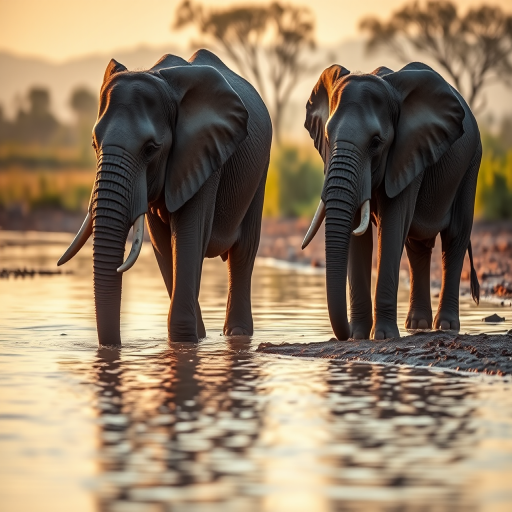 Capture a serene scene of two elephants drinking water at a tranquil riverbank during golden hour, utilizing a DSLR camera with a 50mm lens, f/2.8 aperture, 1/250s shutter speed, ISO 400, and a shallow depth of field for a soft background blur.