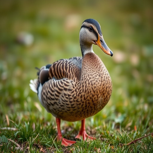 Generate a detailed illustration of a duck standing on grass with intricate feather patterns, using a DSLR camera set to f/8 aperture, ISO 100, and a shutter speed of 1/250s, in a macro view with a soft focus background to enhance richness and depth.