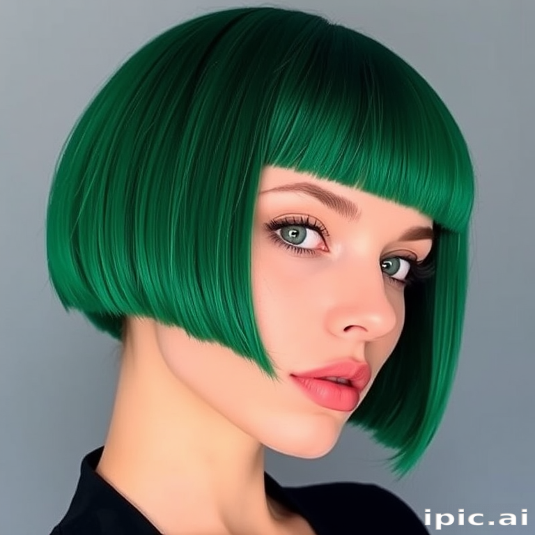 Striking emerald green bob with blunt bangs, styled sleek and straight for a polished and futuristic appearance, commanding attention