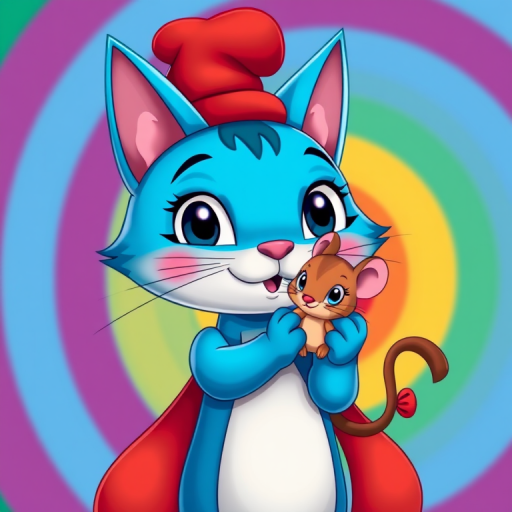 Create a vibrant cartoon image of a blue cat wearing a red hat and holding a small brown mouse, featuring a colorful spiral background; use a DSLR camera with a 50mm lens at f/2.8, ISO 200, and a wide-angle view for enhanced clarity and detail.