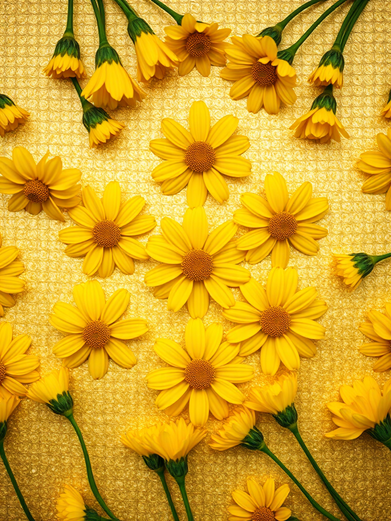 Generate a high-resolution pattern of yellow flowers arranged on a shimmering gold background, captured with a DSLR camera at f/8 aperture, ISO 100, 50mm lens, overhead view, soft focus style to enhance detail and depth.