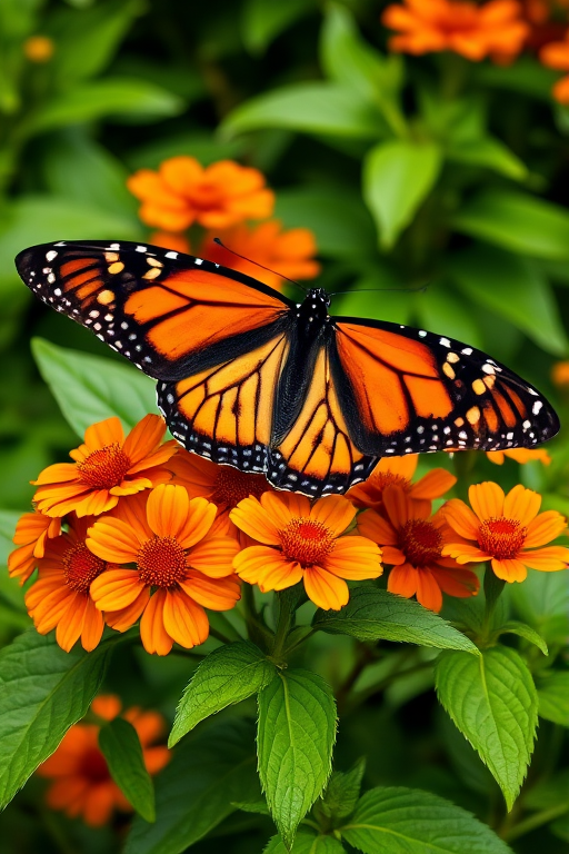 Generate an image of a vibrant monarch butterfly perched on bright orange flowers surrounded by lush green leaves, capturing the details of the butterfly's striking black and orange patterns and the texture of the flowers and foliage.